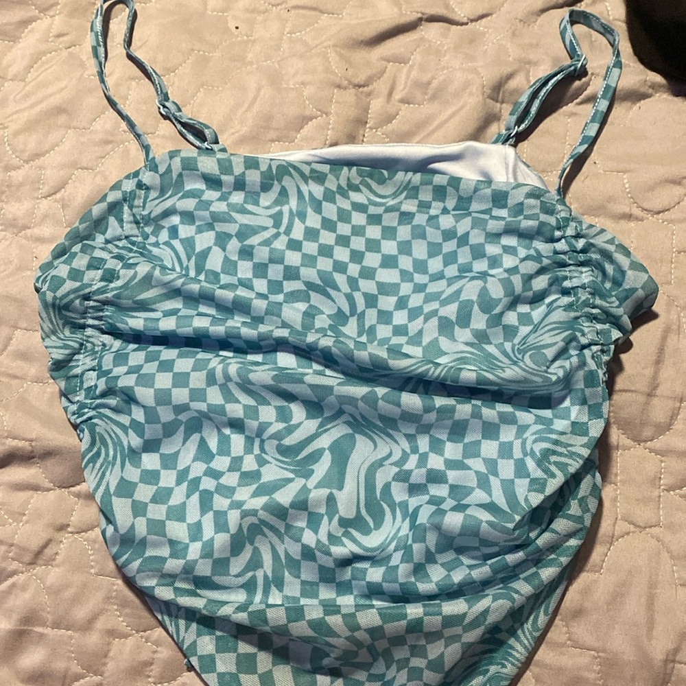 Womens cropped tank top blue/teal checker print size large